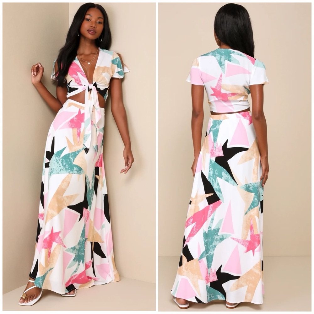 NEW Lulus Daydreaming White Print Two-Piece Maxi Dress Flowy Summer Vacation NWT